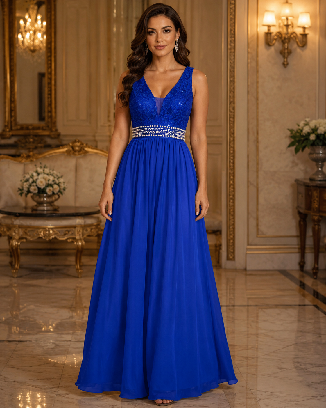 Vestido Largo Azul Rey de Fiesta con Encaje, Escote en V y Cintura de Pedrería #37