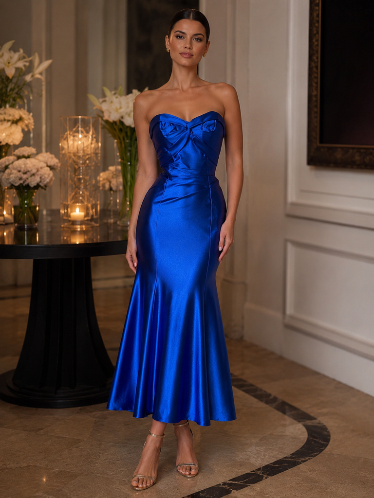 Vestido Midi Azul Rey Satinado Strapless con Espalda Abierta y Detalle Cruzado #39