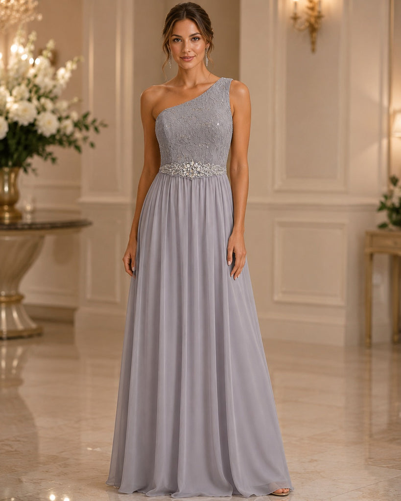 Vestido Largo Gris Plata de Un Hombro con Pedrería