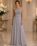 Vestido Largo Gris Plata de Un Hombro con Pedrería #3