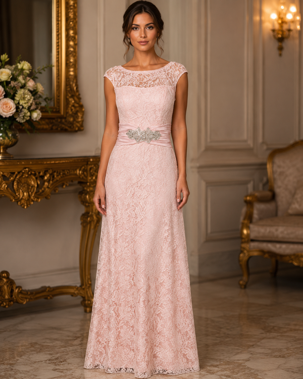 Vestido Largo de Encaje Rosa con Cintura Decorada #45