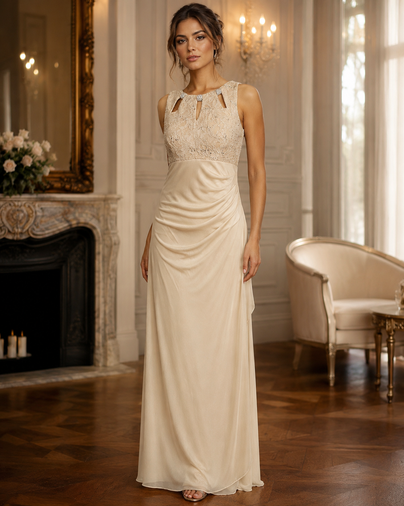 Vestido Largo Color Champagne con Encaje y Detalle Fruncido #46