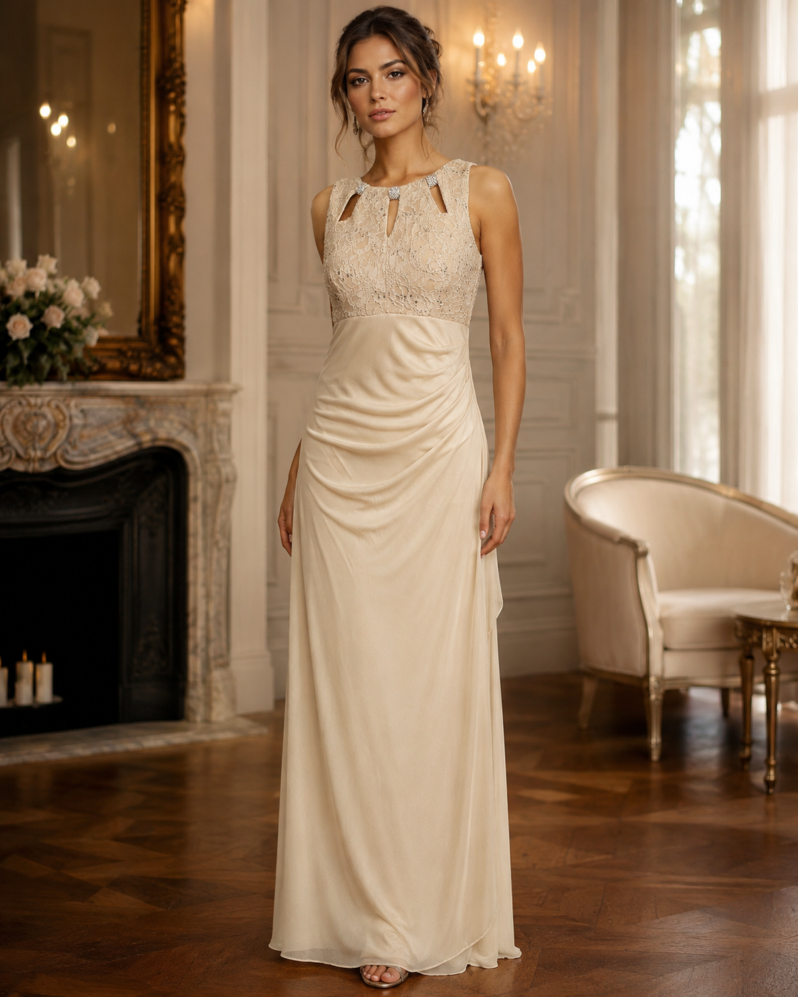 Vestido Largo Color Champagne con Encaje y Detalle Fruncido #46