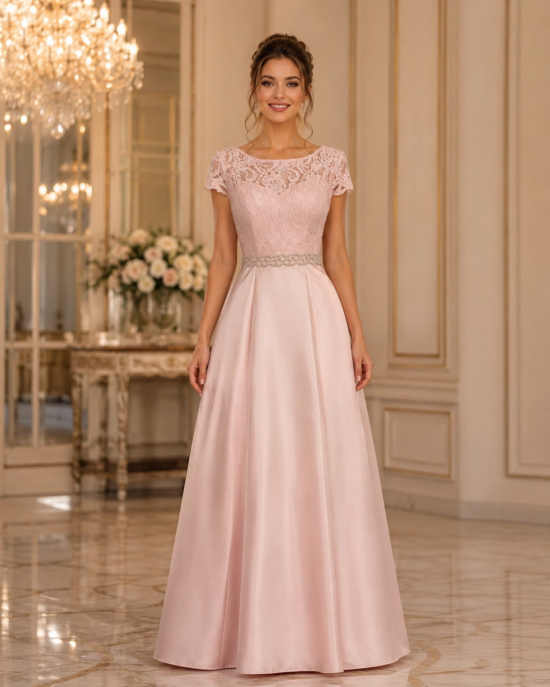 Vestido Largo Rosa Blush con Encaje y Pedrería