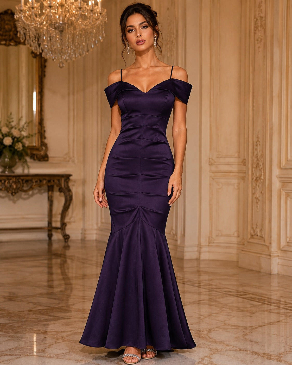 Vestido Largo Morado Uva Corte Sirena Satinado