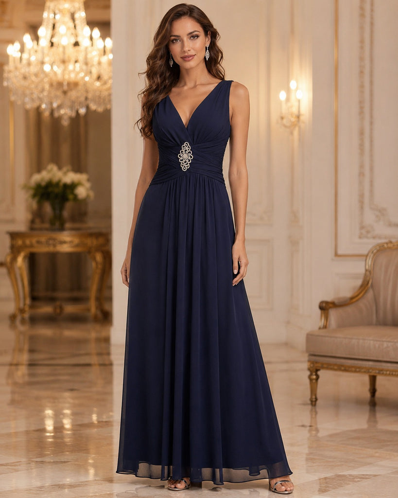 Vestido Largo Azul Marino con Escote V y Broche Elegante