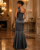 Vestido Largo Gris Oscuro de Un Hombro con Broche Elegante #10