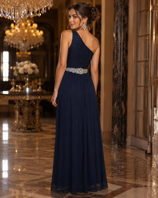 Vestido Largo Azul Marino de Un Hombro con Cinturón de Pedrería #11