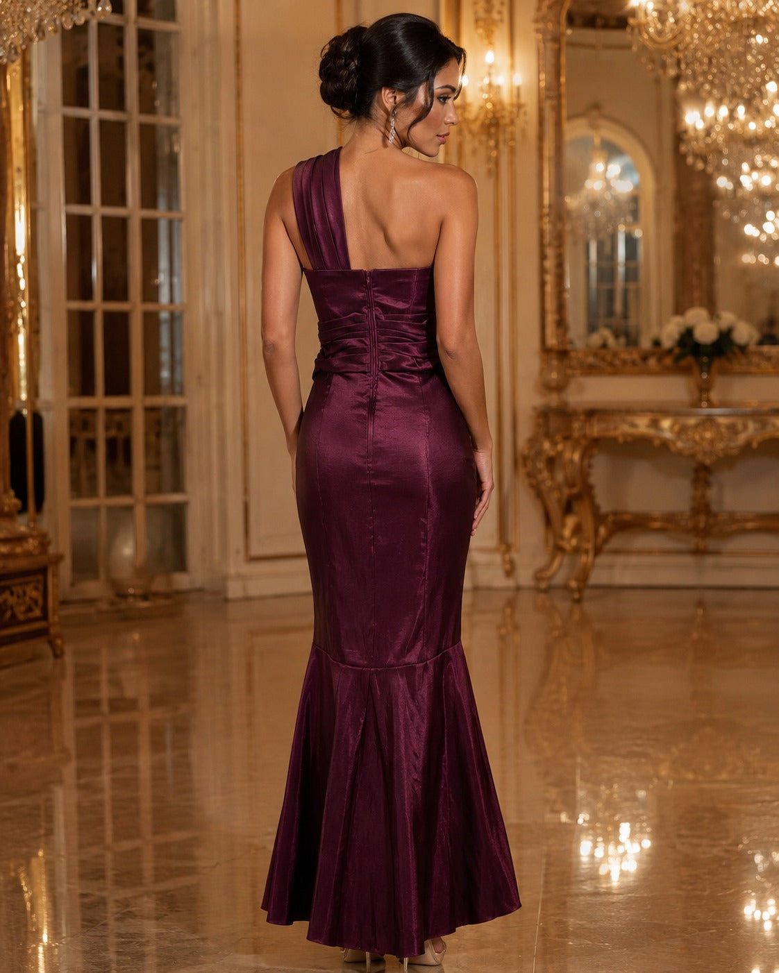 Vestido Largo Color Vino de Un Hombro con Broche de Pedrería