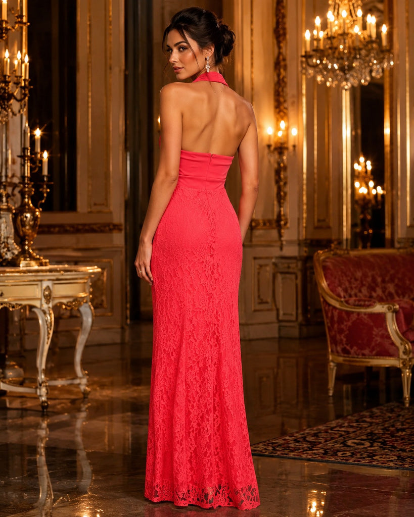 Vestido Largo Coral Halter con Encaje y Broche de Pedrería #13