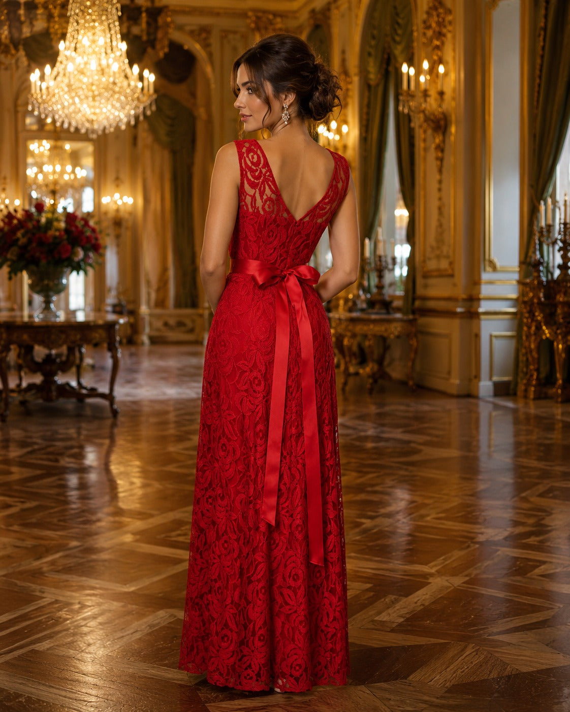 Vestido Largo Rojo de Encaje con Cinturón de Pedrería #14