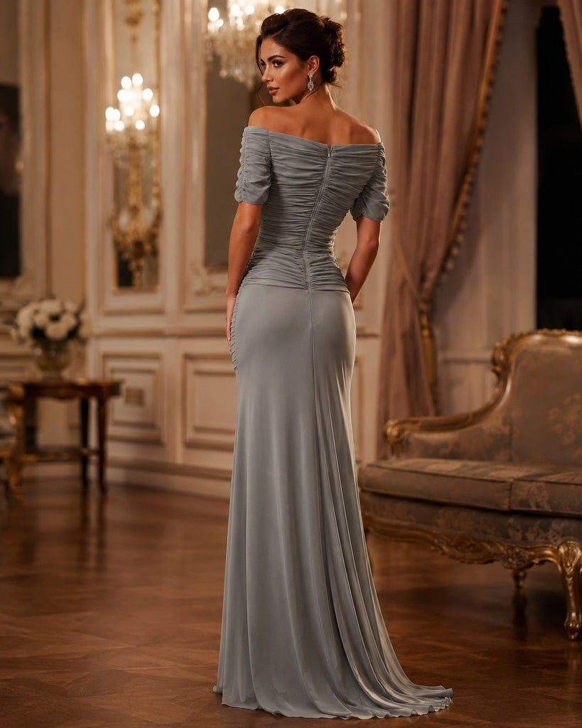 Vestido Largo Gris Off Shoulder con Fruncido Elegante #15
