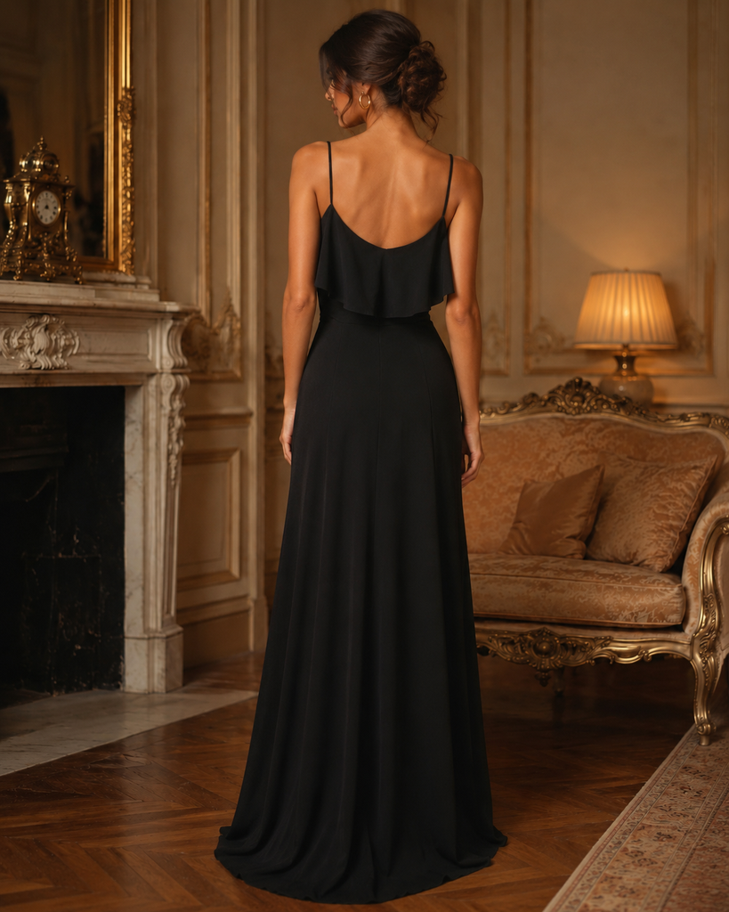 Vestido Largo Negro con Tirantes y Olan en Escote #17