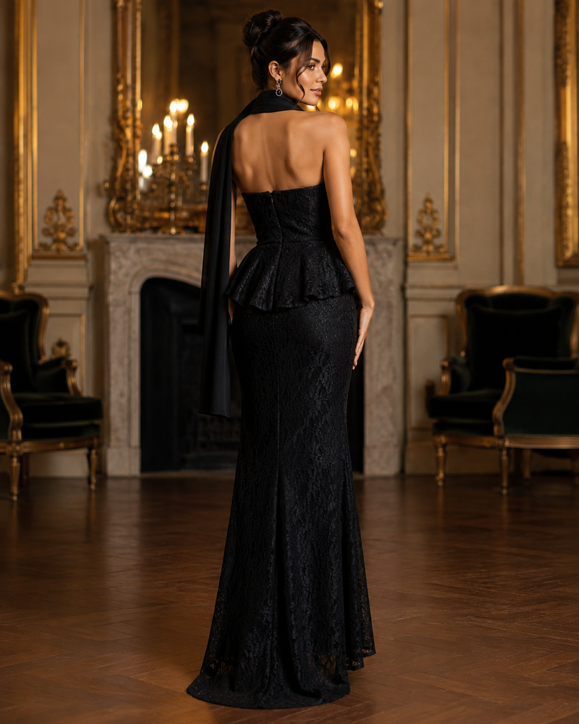 Vestido Largo Negro Strapless de Encaje con Peplum #20