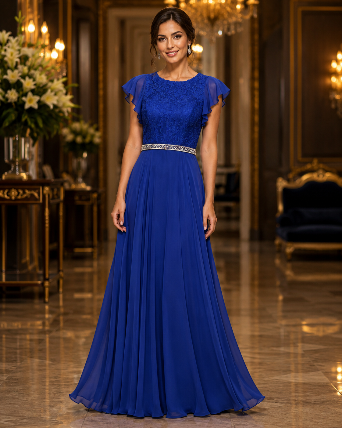 Vestido Largo Azul Rey con Encaje y Cinturón de Pedrería #21