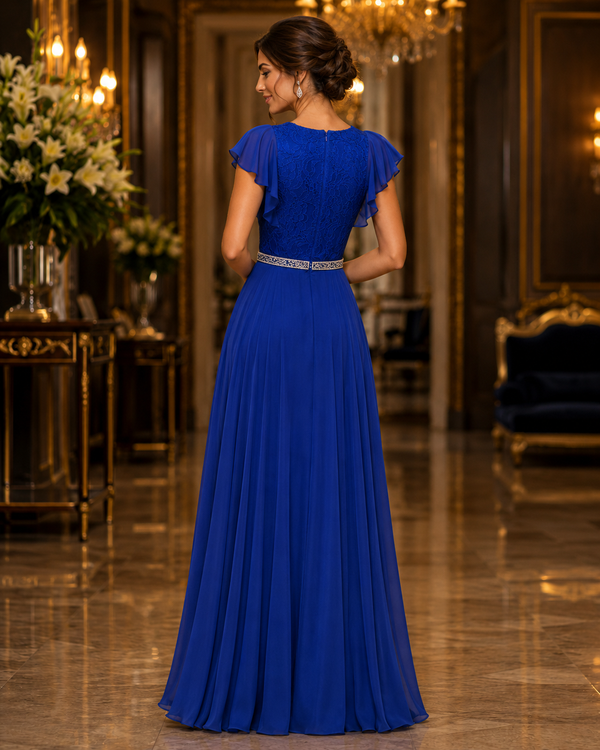Vestido Largo Azul Rey con Encaje y Cinturón de Pedrería #21