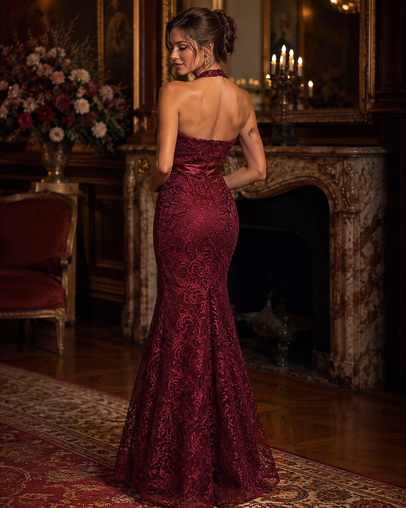 Vestido Largo Vino con Encaje y Corte Sirena #22