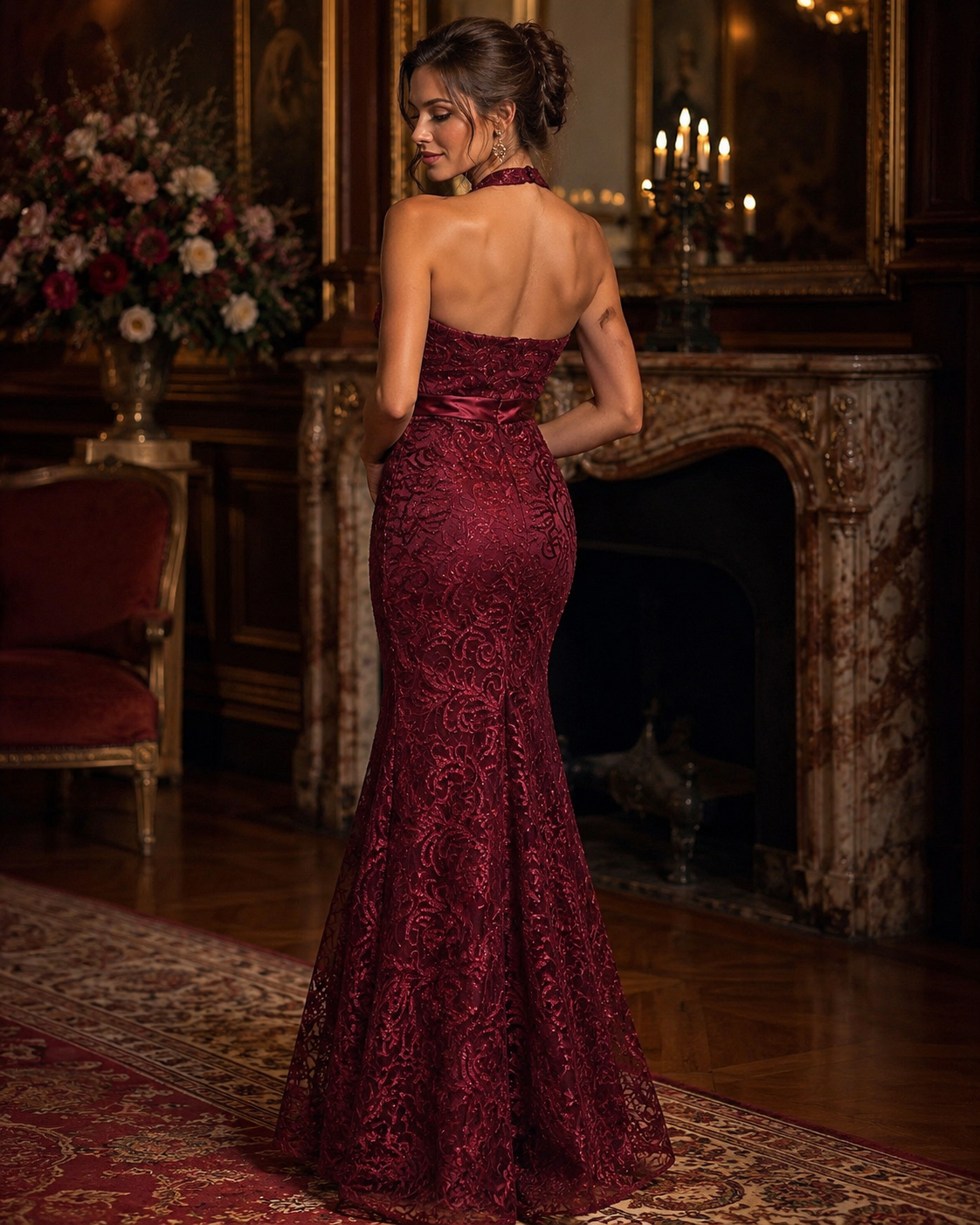 Vestido Largo Vino con Encaje y Corte Sirena #22