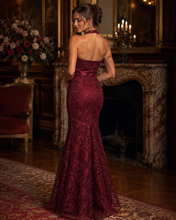 Vestido Largo Vino con Encaje y Corte Sirena #22