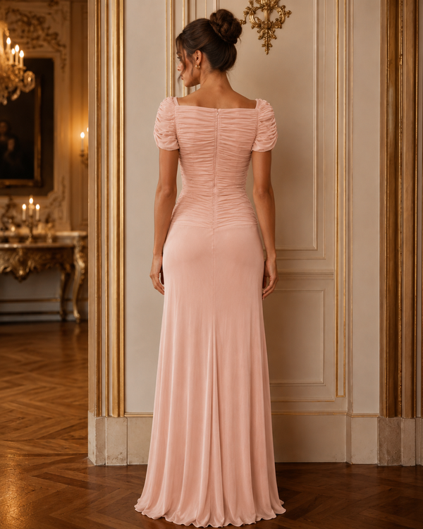 Vestido Largo Rosa Palo con Drapeado y Manga Corta #23