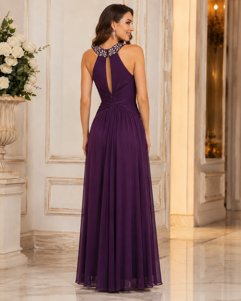 Vestido Largo Morado con Cuello Pedrería #25