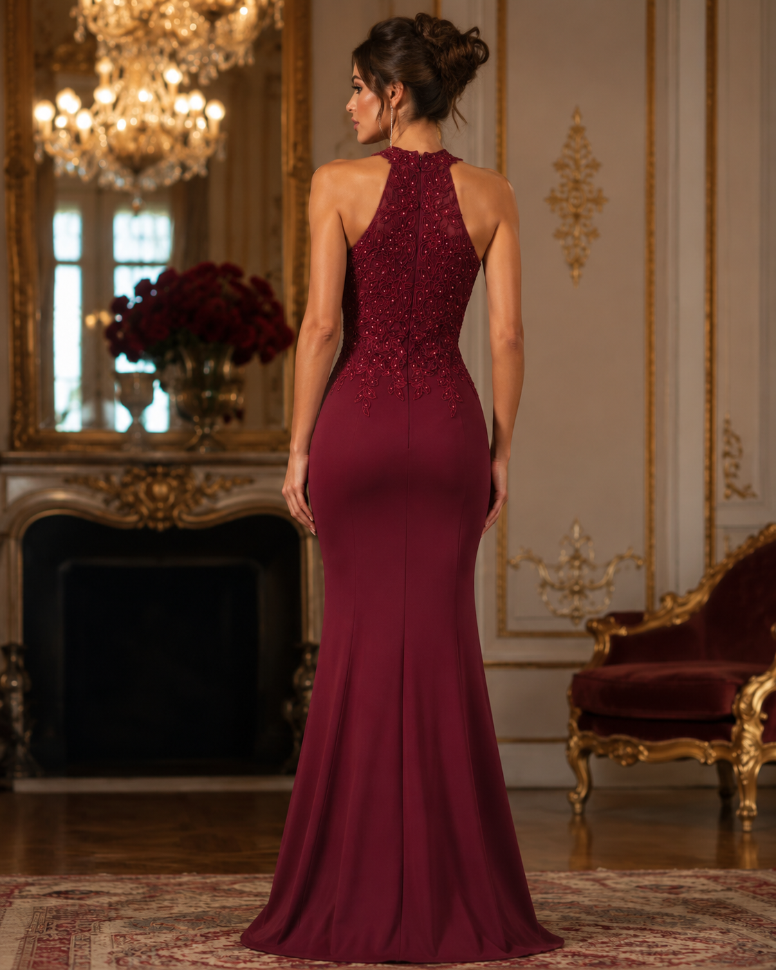 Vestido Largo Vino Tipo Sirena con Cuello Halter y Bordado de Pedrería #28