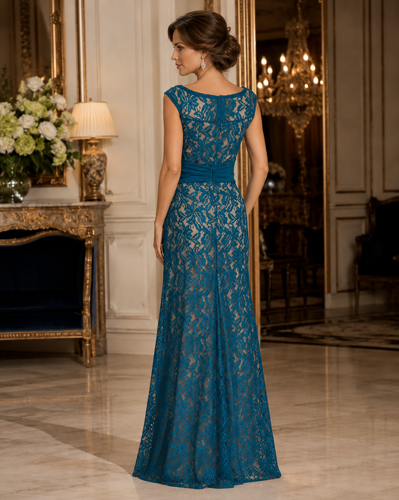Vestido Largo Azul Petróleo de Encaje con Cinturón de Pedrería #29