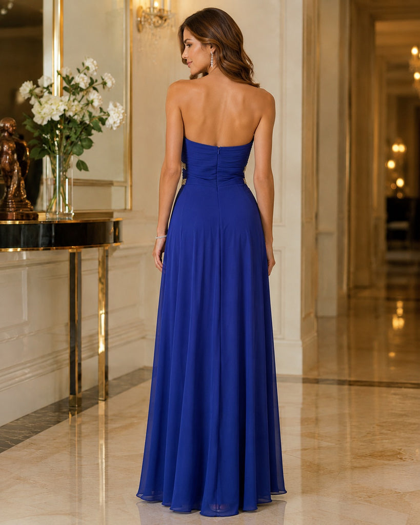 Vestido Largo Azul Rey Strapless con Pedrería en Cintura