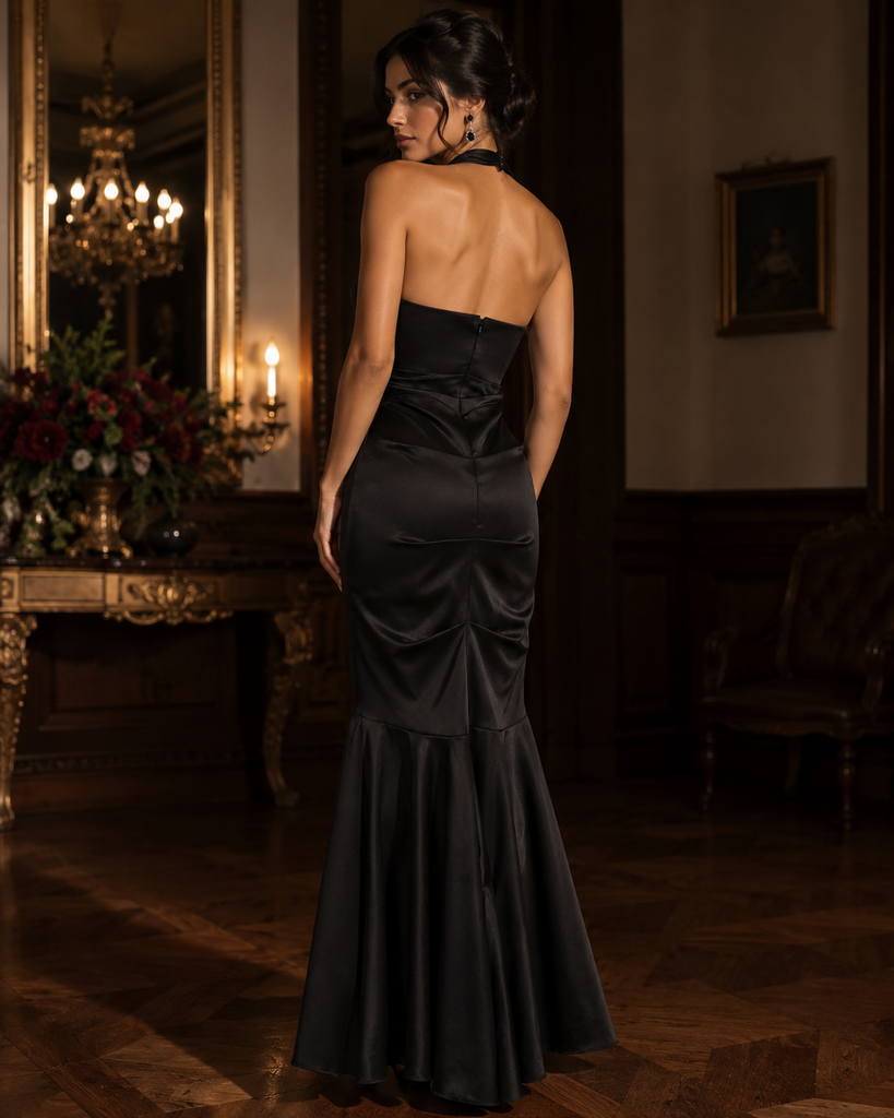 Vestido Largo Negro Satinado Tipo Sirena con Halter y Detalle de Pedrería #30