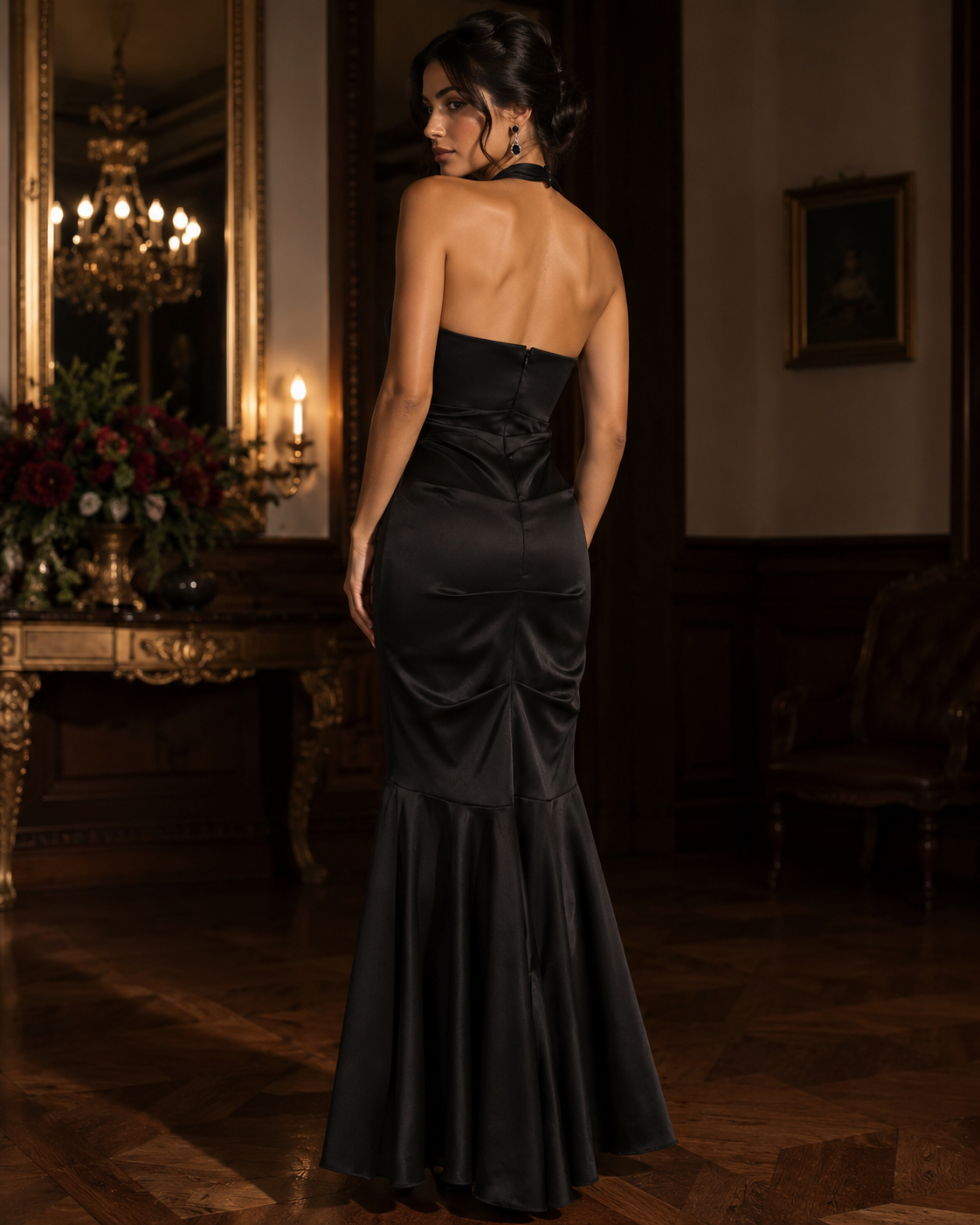 Vestido Largo Negro Satinado Tipo Sirena con Halter y Detalle de Pedrería #30