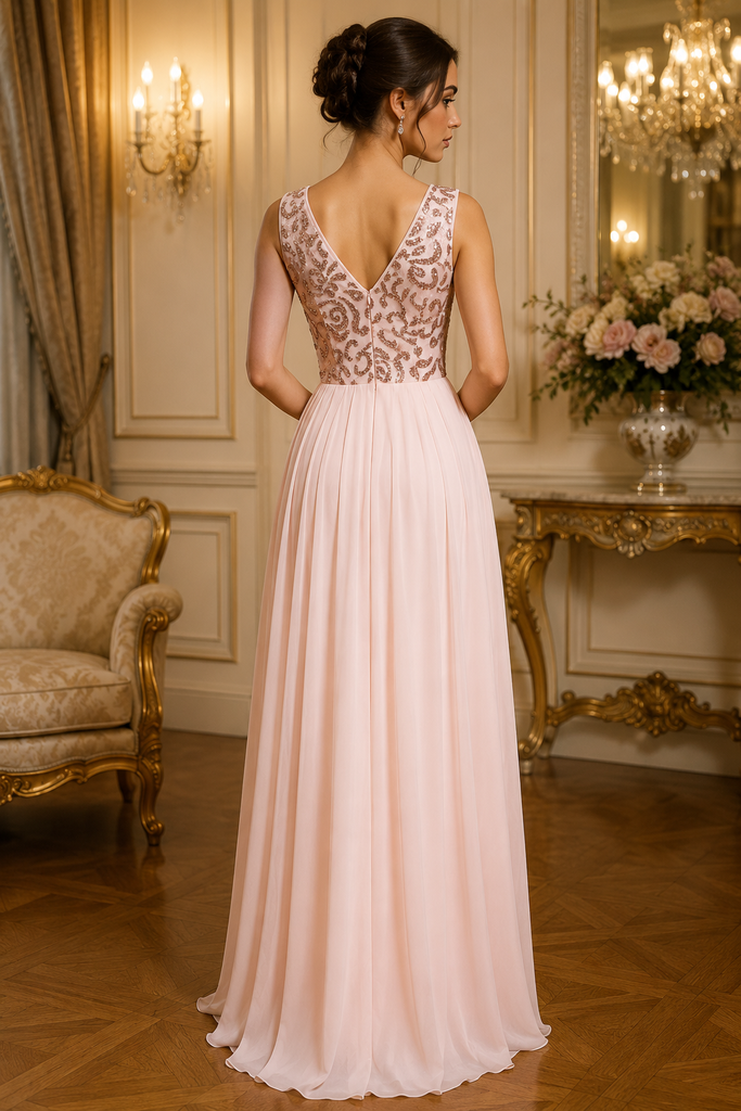 Vestido Largo Rosa Palo con Top de Lentejuela y Falda Plisada #31