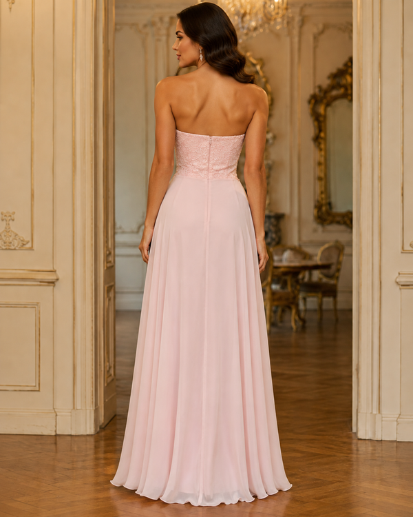 Vestido Largo Rosa Palo Strapless con Encaje y Pedrería #32