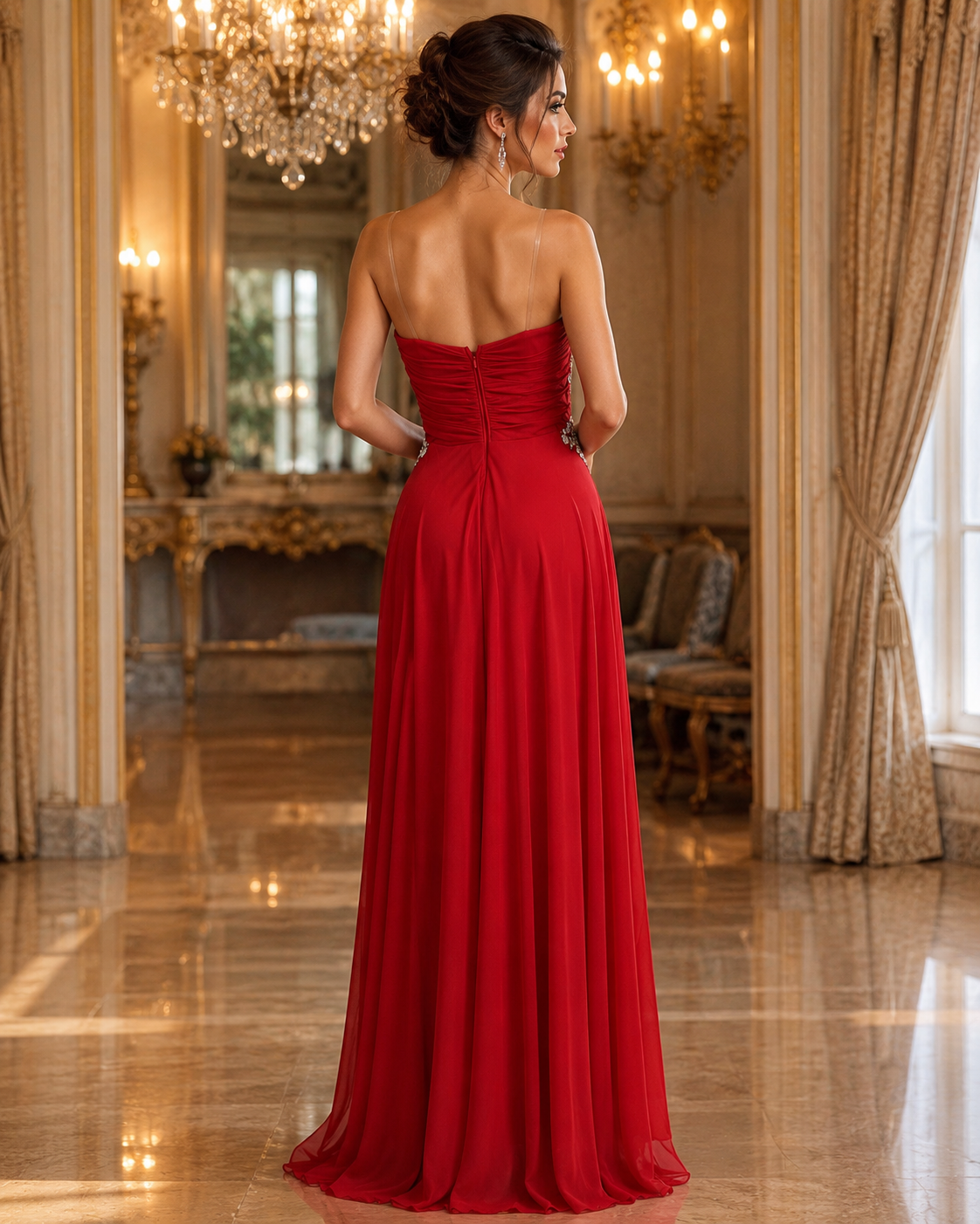 Vestido Largo Rojo de Fiesta con Pedrería y Escote Corazón #33