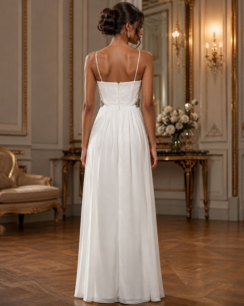 Vestido Largo Blanco de Fiesta con Cintura de Pedrería #34