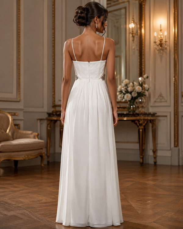 Vestido Largo Blanco de Fiesta con Cintura de Pedrería #34