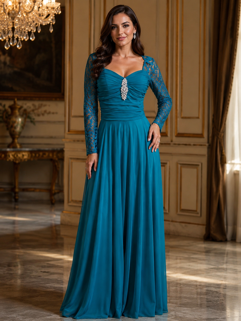 Vestido Largo Turquesa de Fiesta con Encaje, Mangas Largas y Pedrería #35