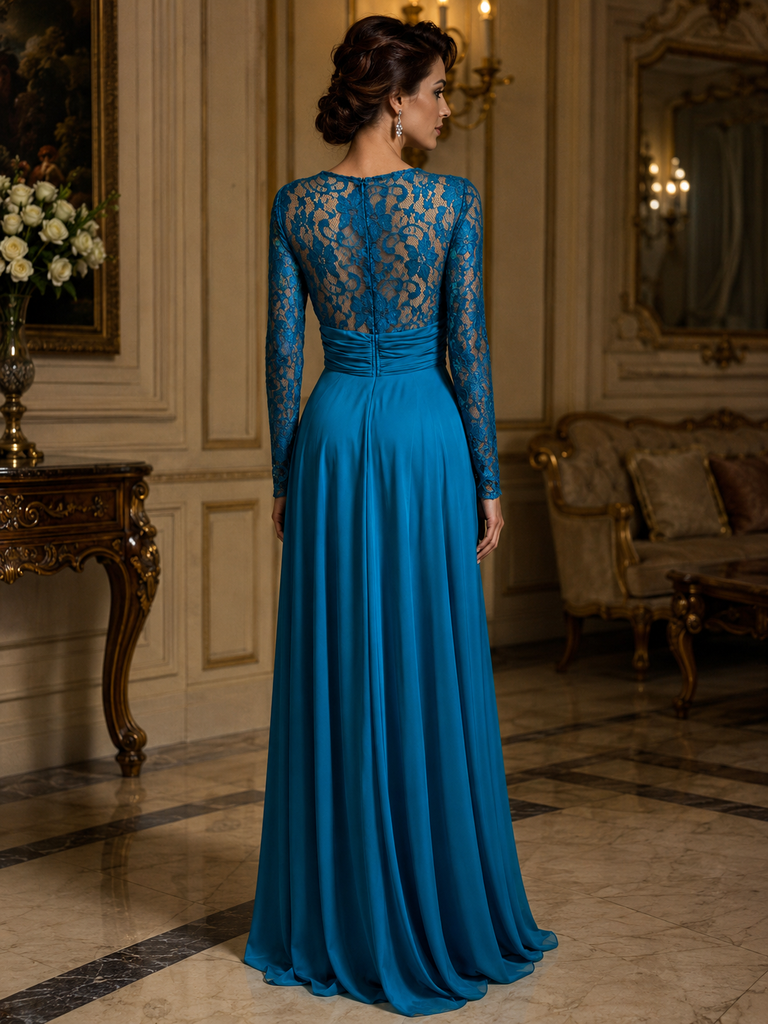 Vestido Largo Turquesa de Fiesta con Encaje, Mangas Largas y Pedrería #35