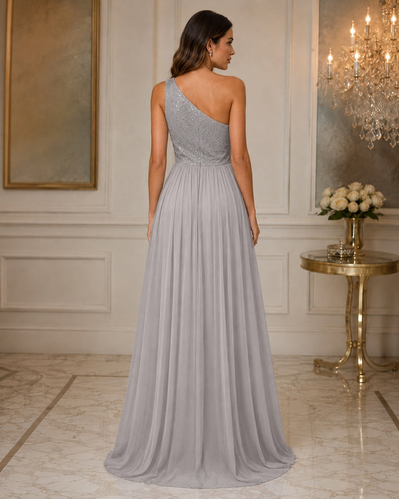 Vestido Largo Gris Plata de Un Hombro con Pedrería