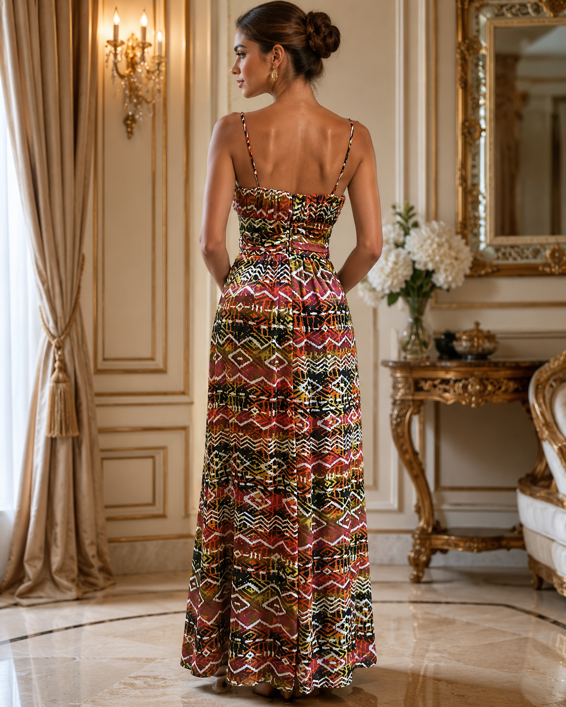 Vestido Largo Estampado con Flor en el Hombro y Falda Fluida #43