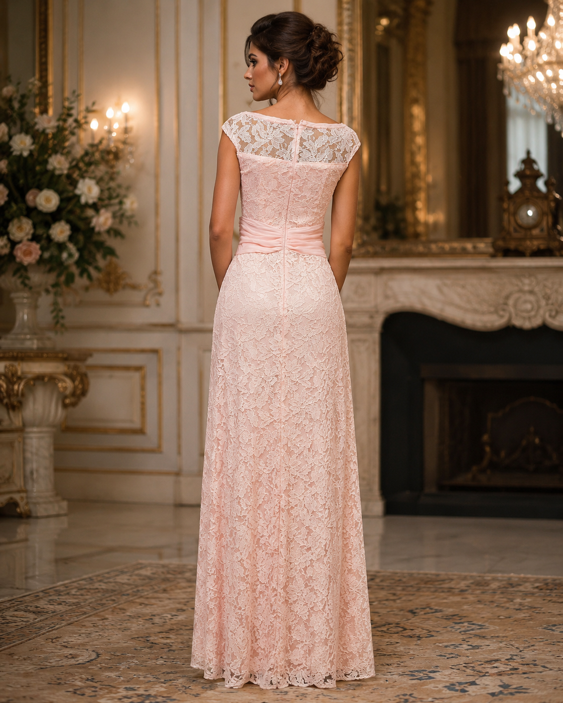 Vestido Largo de Encaje Rosa con Cintura Decorada #45