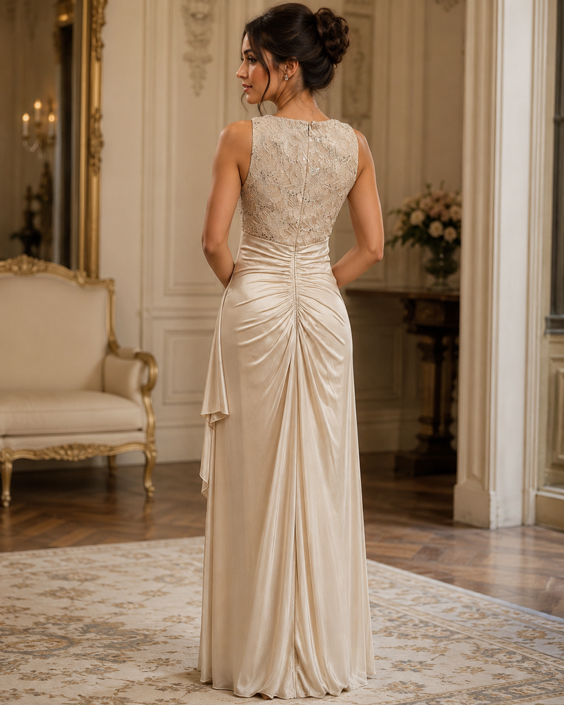 Vestido Largo Color Champagne con Encaje y Detalle Fruncido #46