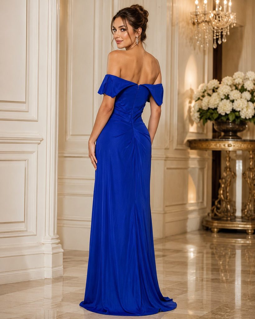 Vestido Largo Azul Rey Off Shoulder con Escote Corazón