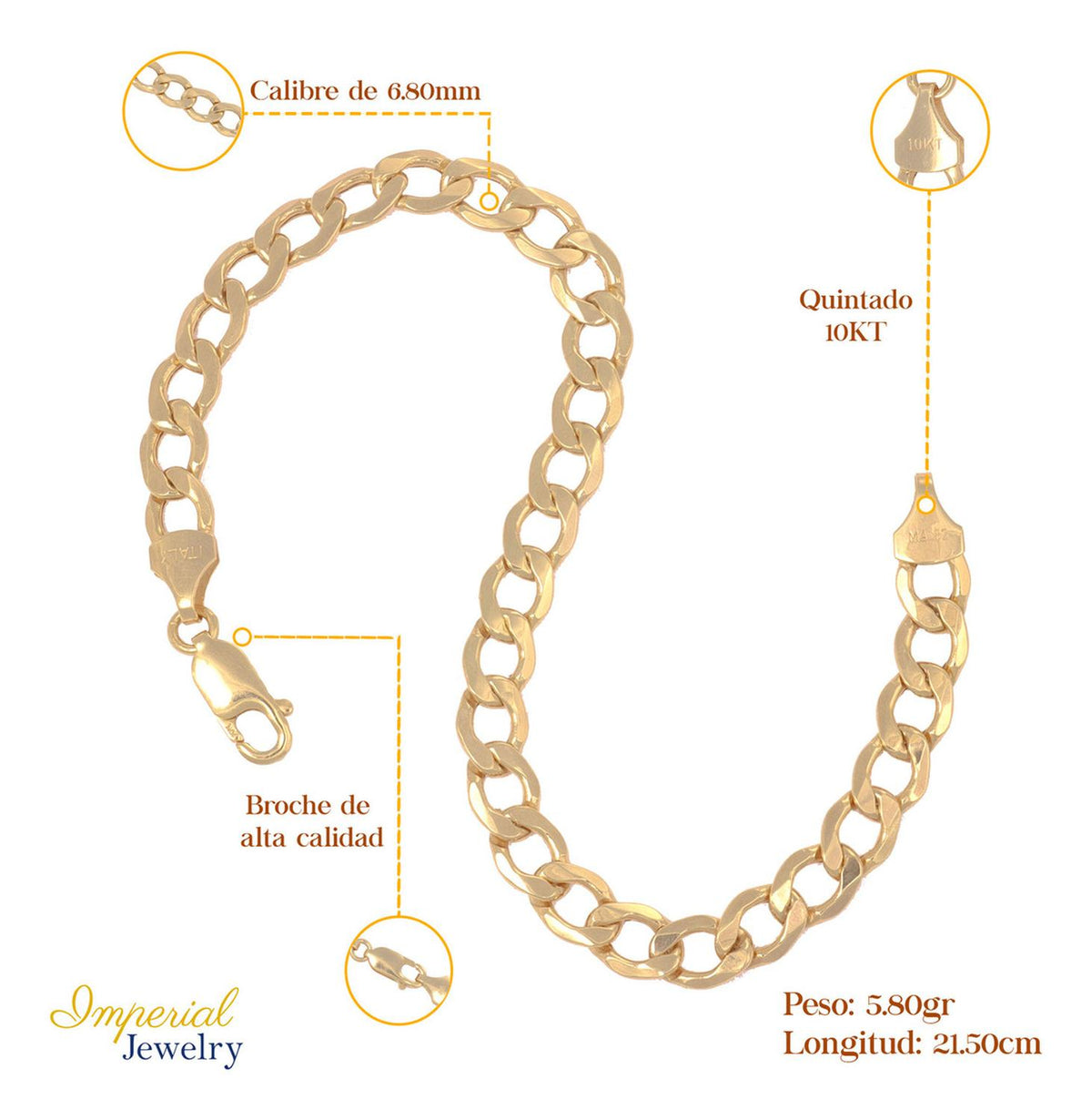 Pulsera Italiana Cubana Hueca De 10 Quilates 6.8mm, 21.5 Cm