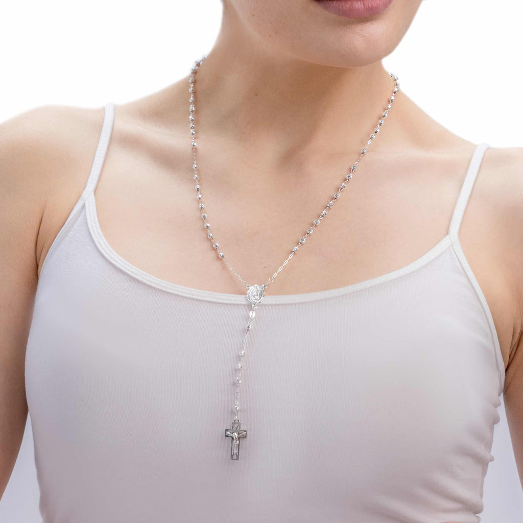 Rosario De Plata Ley 925 Con Bola Diamantada De 50 Cm