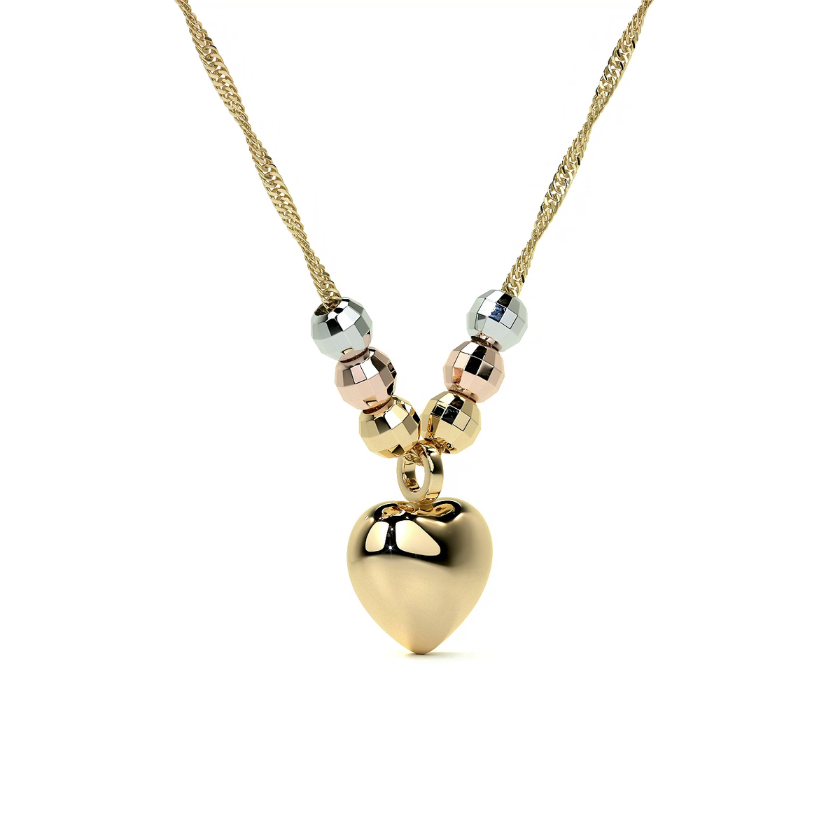 Gargantilla Italiana 14k o 10K De Corazón Inflado Y Bolas Tricolor