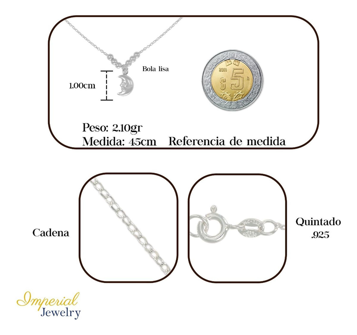 Collar De Luna De Plata 925 Con Bola Diamantada De 45 Cm