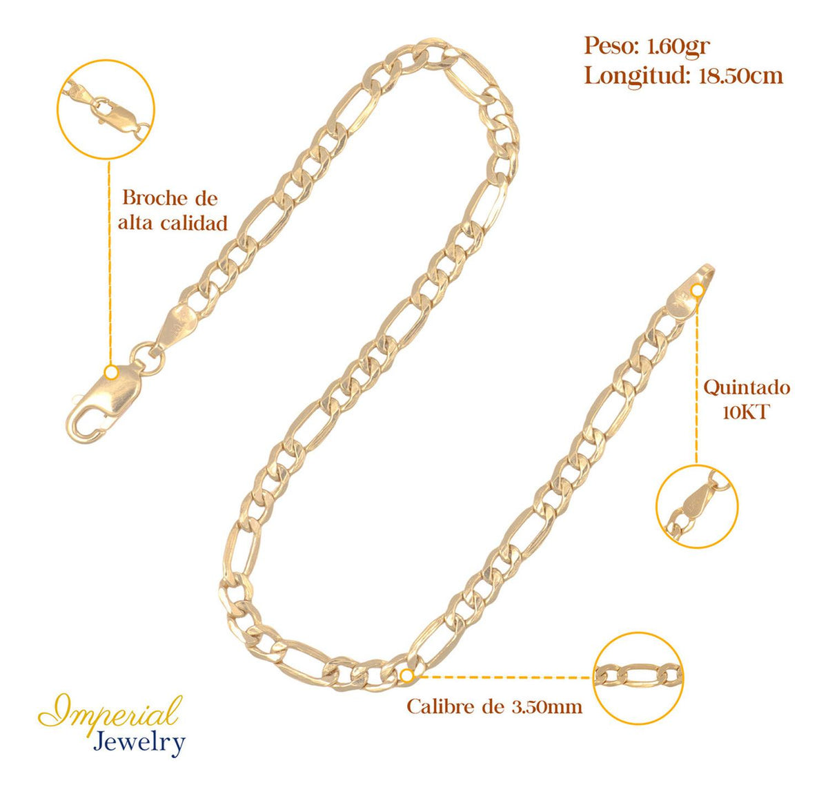 Pulsera Italiana Figaro Hueca De 10 Quilates 3.5mm, 18.5 Cm