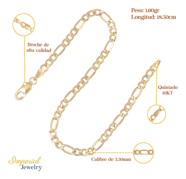 Pulsera Italiana Figaro Hueca De 10 Quilates 3.5mm, 18.5 Cm