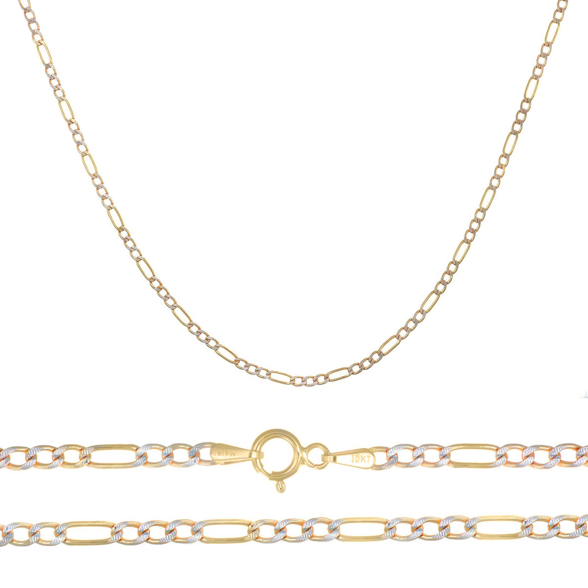Cadena De Oro Italiano 10k Figaro 3x1 Pave 50 Cm 2.3mm