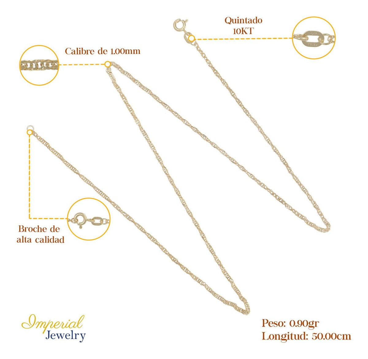 Cadena Singapur Oro 10k 50cm 2mm .8gr Italiano Color Dorado